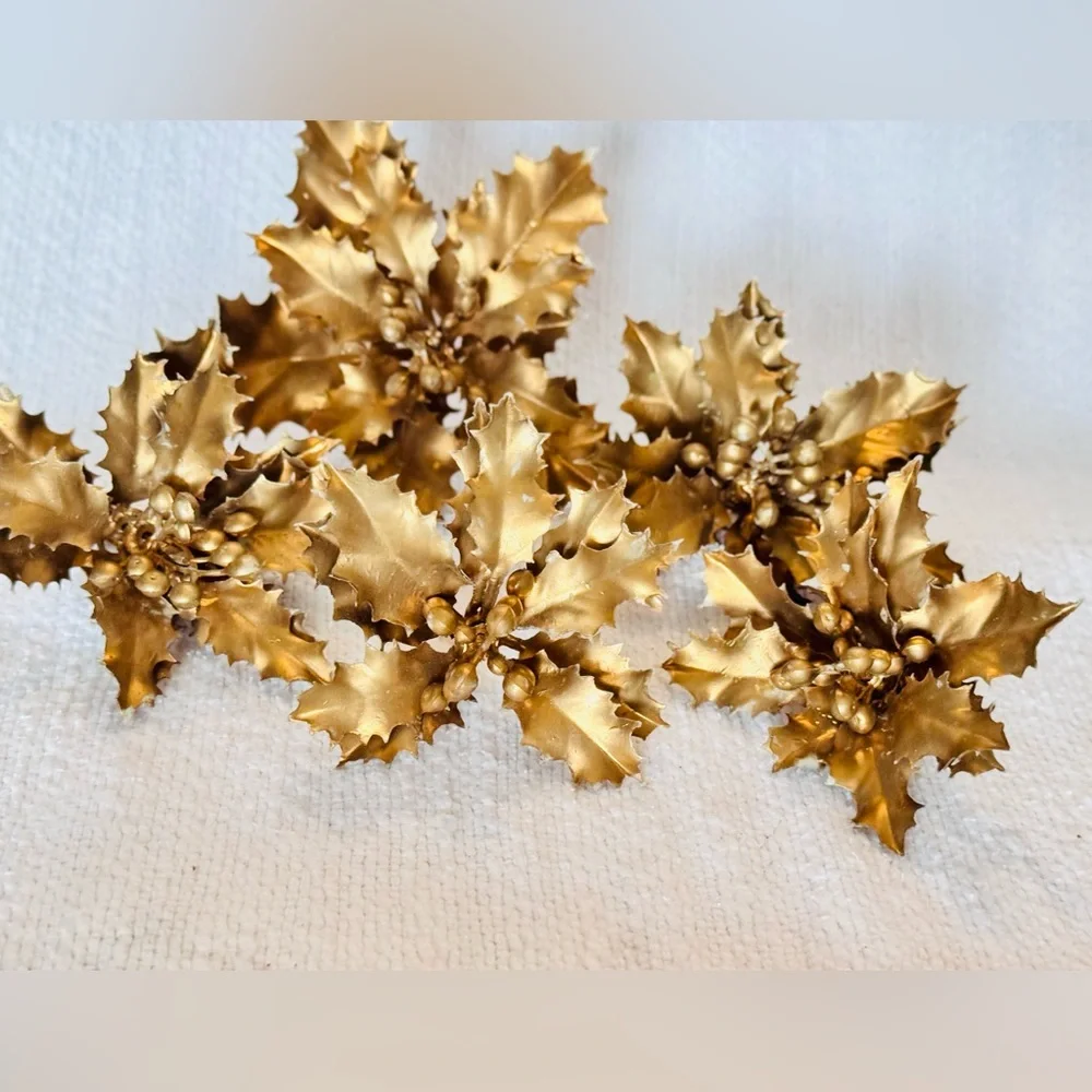 5 VINTAGE Metallic Gold Winter Holly Faux Floral Stems Thick & Rubbery Picks